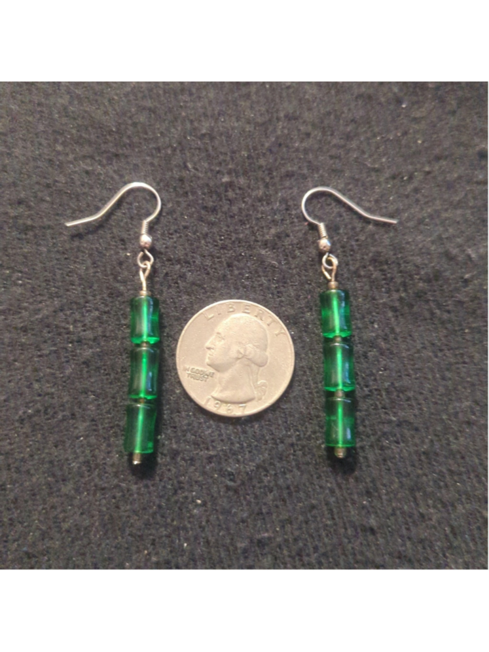 Silver Tone Green Glass Beaded Dangle Statement Earrings - Picture 2 of 2